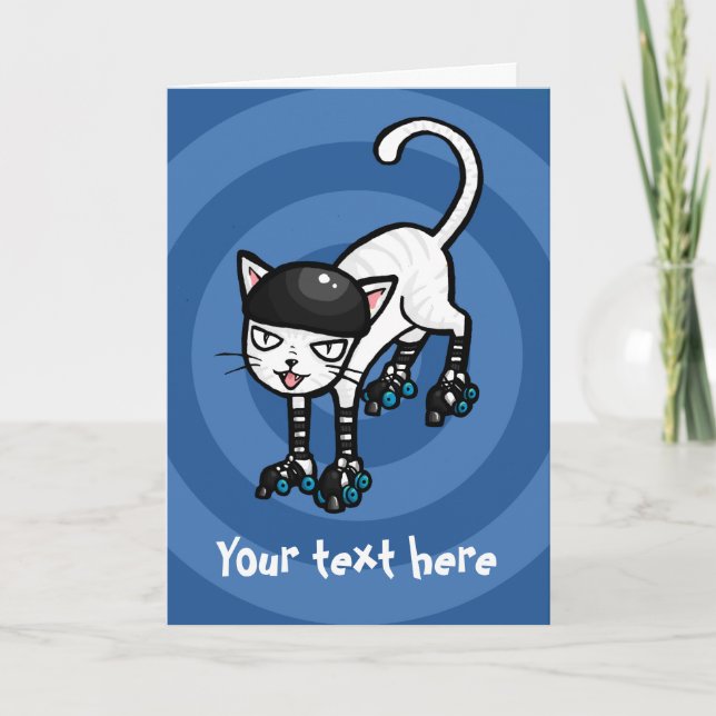 White cat on rollerskates customisable template (Front)
