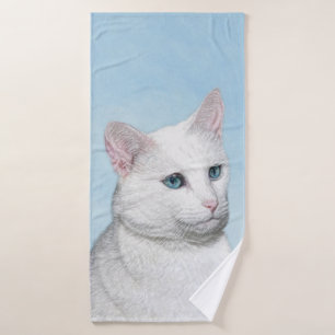 White Cat Painting - Cute Original Cat Art Bath Towel Set