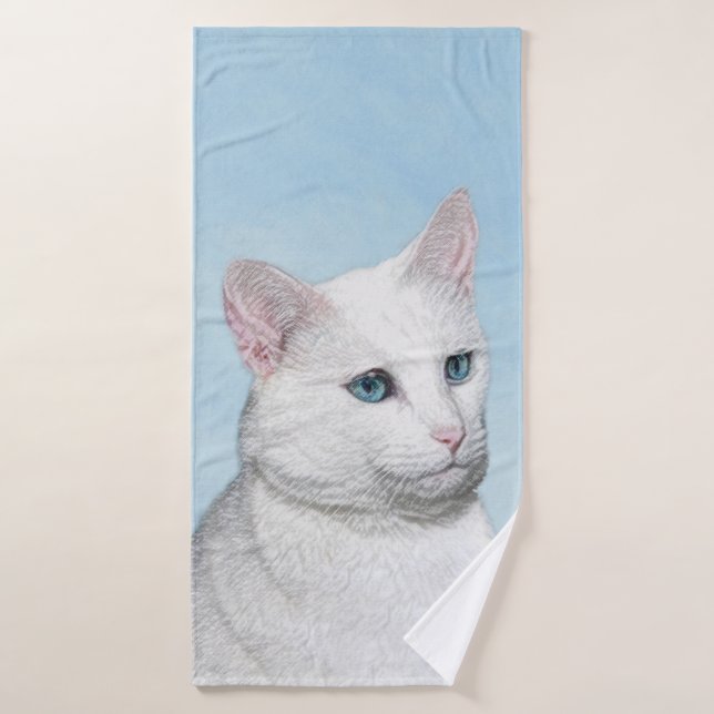 White Cat Painting - Cute Original Cat Art Bath Towel Set (Bath Towel)
