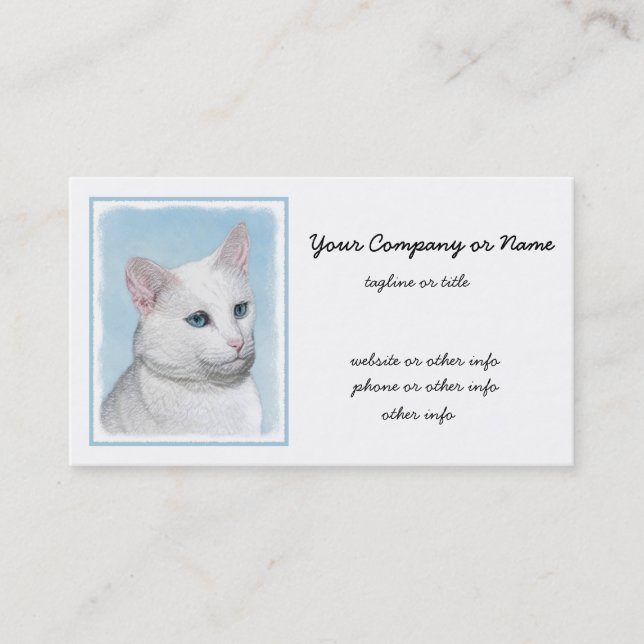 White Cat Painting - Cute Original Cat Art Business Card (Front)