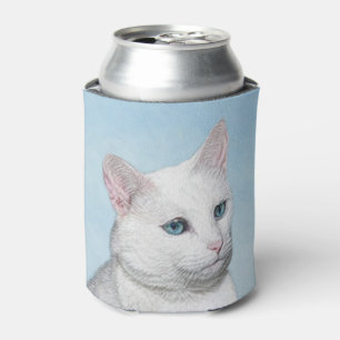 White Cat Painting - Cute Original Cat Art Can Cooler