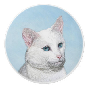 White Cat Painting - Cute Original Cat Art Ceramic Knob