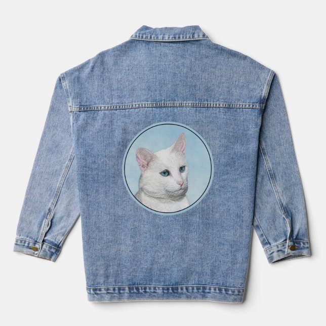 White Cat Painting - Cute Original Cat Art Denim Jacket (Back)
