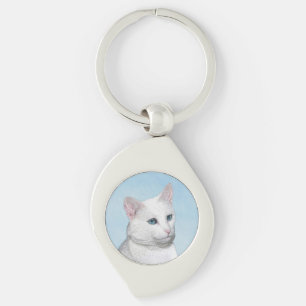 White Cat Painting - Cute Original Cat Art Key Ring