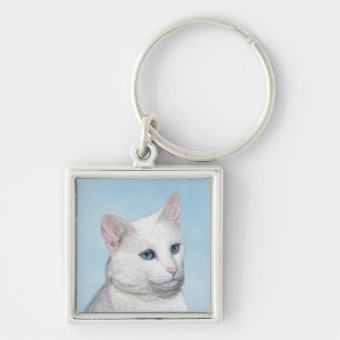 White Cat Painting - Cute Original Cat Art Key Ring