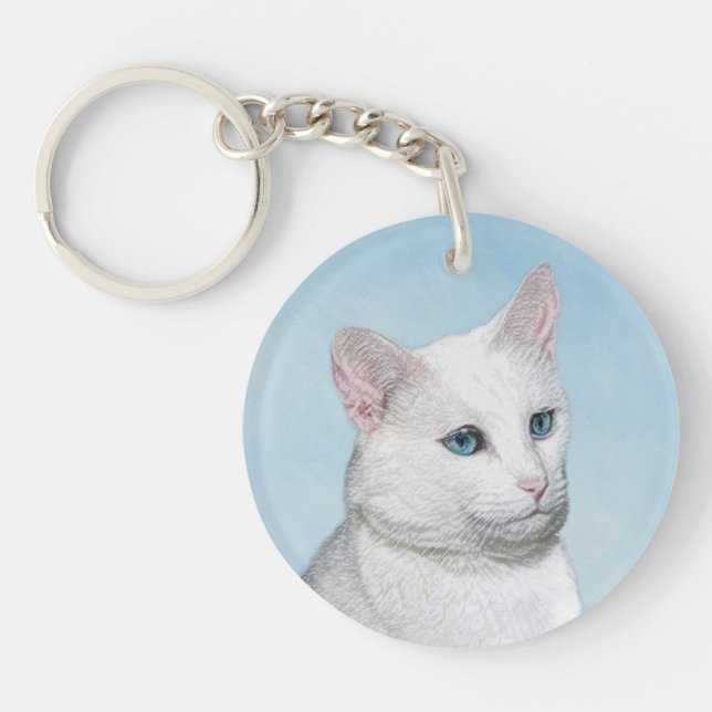 White Cat Painting - Cute Original Cat Art Key Ring (Front)