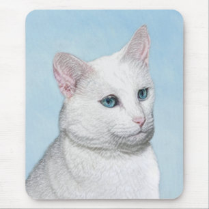 White Cat Painting - Cute Original Cat Art Mouse Mat