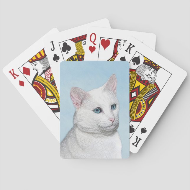 White Cat Painting - Cute Original Cat Art Playing Cards (Back)