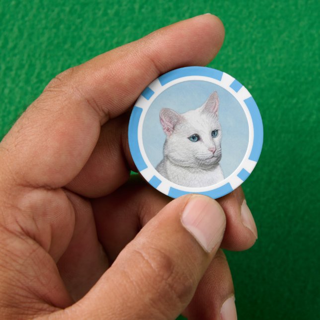 White Cat Painting - Cute Original Cat Art Poker Chips (Hand)