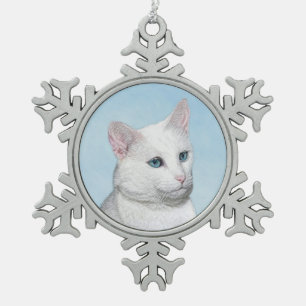 White Cat Painting - Cute Original Cat Art Snowflake Pewter Christmas Ornament