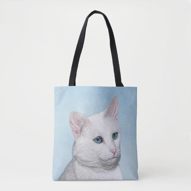 White Cat Painting - Cute Original Cat Art Tote Bag (Front)