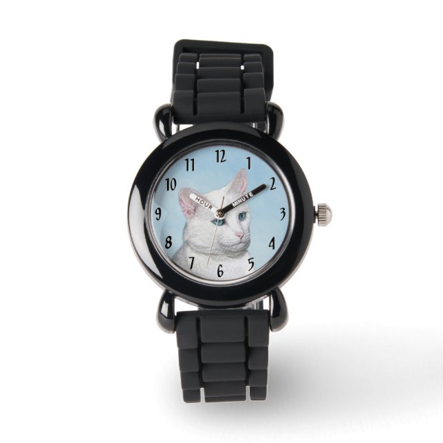 White Cat Painting - Cute Original Cat Art Watch (Front)