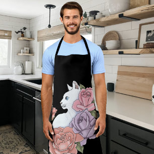 White Cat Pastel Floral Black Romantic Botanical Apron