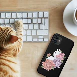 White Cat Pastel Floral Black Romantic Botanical iPhone 11 Case