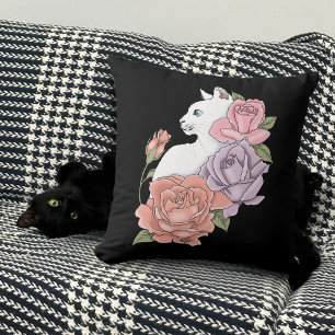 White Cat Pastel Floral Black Romantic Botanical Cushion