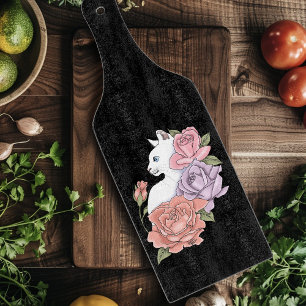 White Cat Pastel Floral Black Romantic Botanical Cutting Board
