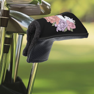 White Cat Pastel Floral Black Romantic Botanical Golf Head Cover