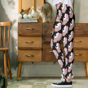 White Cat Pastel Floral Black Romantic Botanical Leggings