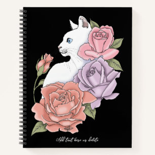 White Cat Pastel Floral Black Romantic Botanical Notebook