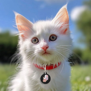 White Cat Pastel Floral Black Romantic Botanical Pet Tag
