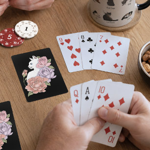 White Cat Pastel Floral Black Romantic Botanical Playing Cards
