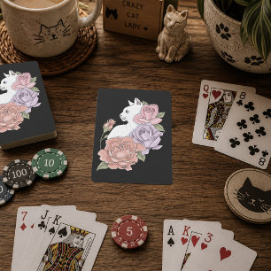 White Cat Pastel Floral Black Romantic Botanical Playing Cards