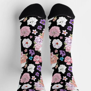 White Cat Pastel Floral Black Romantic Botanical Socks