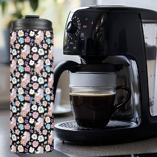 White Cat Pastel Floral Black Romantic Botanical Thermal Tumbler