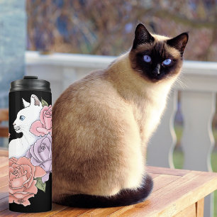 White Cat Pastel Floral Black Romantic Botanical Thermal Tumbler