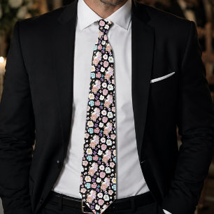 White Cat Pastel Floral Black Romantic Botanical Tie