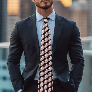 White Cat Pastel Floral Black Romantic Botanical Tie