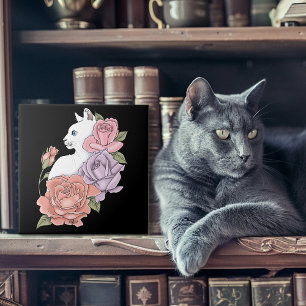 White Cat Pastel Floral Black Romantic Botanical Tile