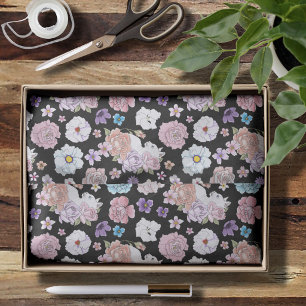 White Cat Pastel Floral Black Romantic Botanical Tissue Paper