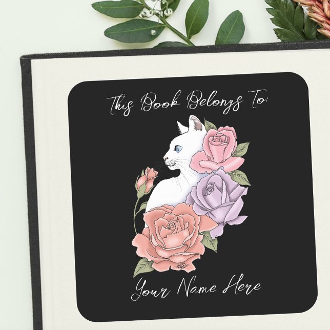 White Cat Peach Lavender Pink Roses Bookplate Square Sticker (Creator Uploaded)