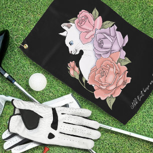 White Cat Peach Lavender Pink Roses Golf Towel