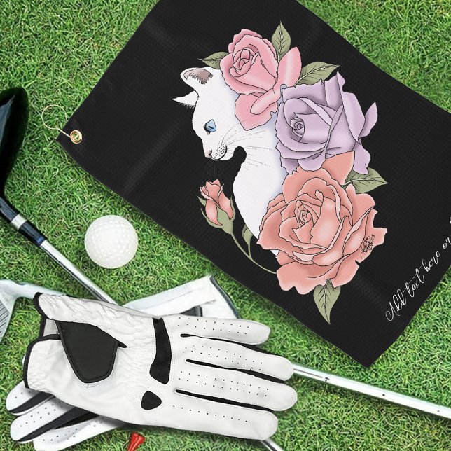 White Cat Peach Lavender Pink Roses Golf Towel (Creator Uploaded)