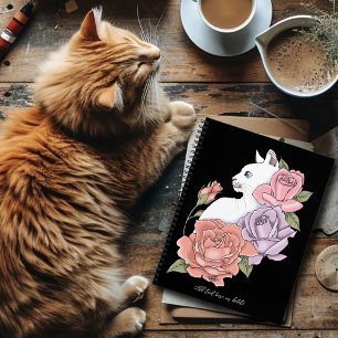 White Cat Peach Lavender Pink Roses Notebook