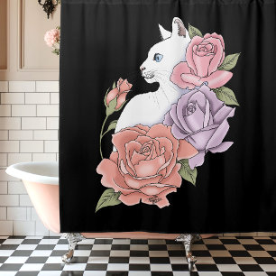 White Cat Peach Lavender Pink Roses Shower Curtain