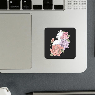 White Cat Peach Lavender Pink Roses Square Sticker