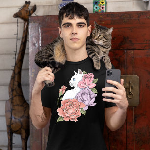 White Cat Peach Lavender Pink Roses T-Shirt
