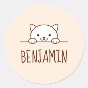 White Cat Peeking above Custom Name Classic Round Sticker