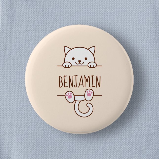 White Cat Peeking behind Custom Name 6 Cm Round Badge (Creator Uploaded)