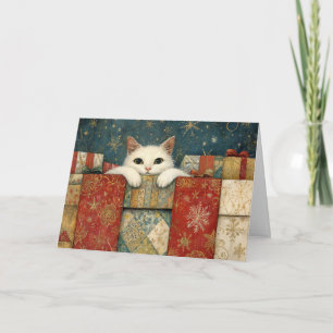 White Cat Peeking over Christmas Gifts Greeting Card
