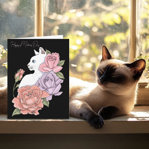 White Cat Pink Roses Mother's Day Card