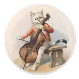 White Cat Playing Cello Decorative Knob