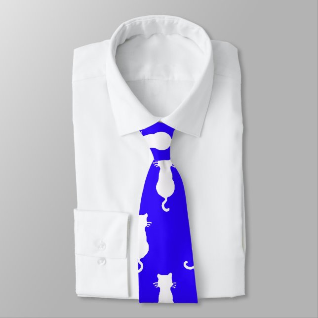 White Cat Polka Dot Pattern Isolated on Royal Blue Tie (Tied)