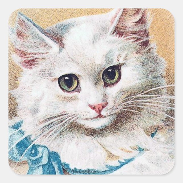 White Cat Portrait Square Sticker (Front)