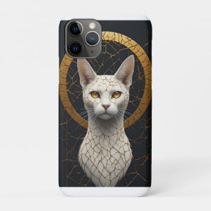 White Cat Portrait With Golden Geometric Halo iPhone 11 Pro Case