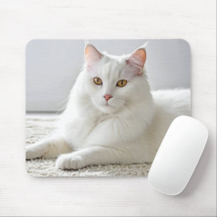 White Cat Posing On White Carpet Mouse Mat