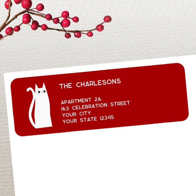 White Cat Red Holiday Return Address (Festive red white cat personalized return address label for Christmas and the winter holidays)